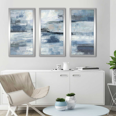 Outlet Silvia Vassileva Clear Water Indigo & White 3 Piece Canvas Floating Painting Set